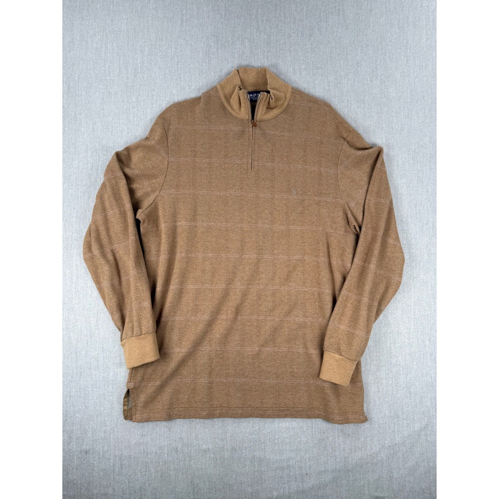 Polo Golf Ralph Lauren Men M Tan Herringbone Alpaca Pima Cotton 1/4 Zip Pullover